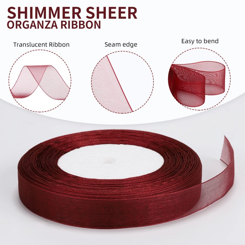 molshine 50 Yards x 5/8 Inch Shimmer Sheer Organza Ribbon,Chiffon Fabric Ribbons for Bouquets Garland,Bowknot,Wedding,Gift Wrapping,Hair,Crafts,Decoration (Wine red, 5/8") - Image 3